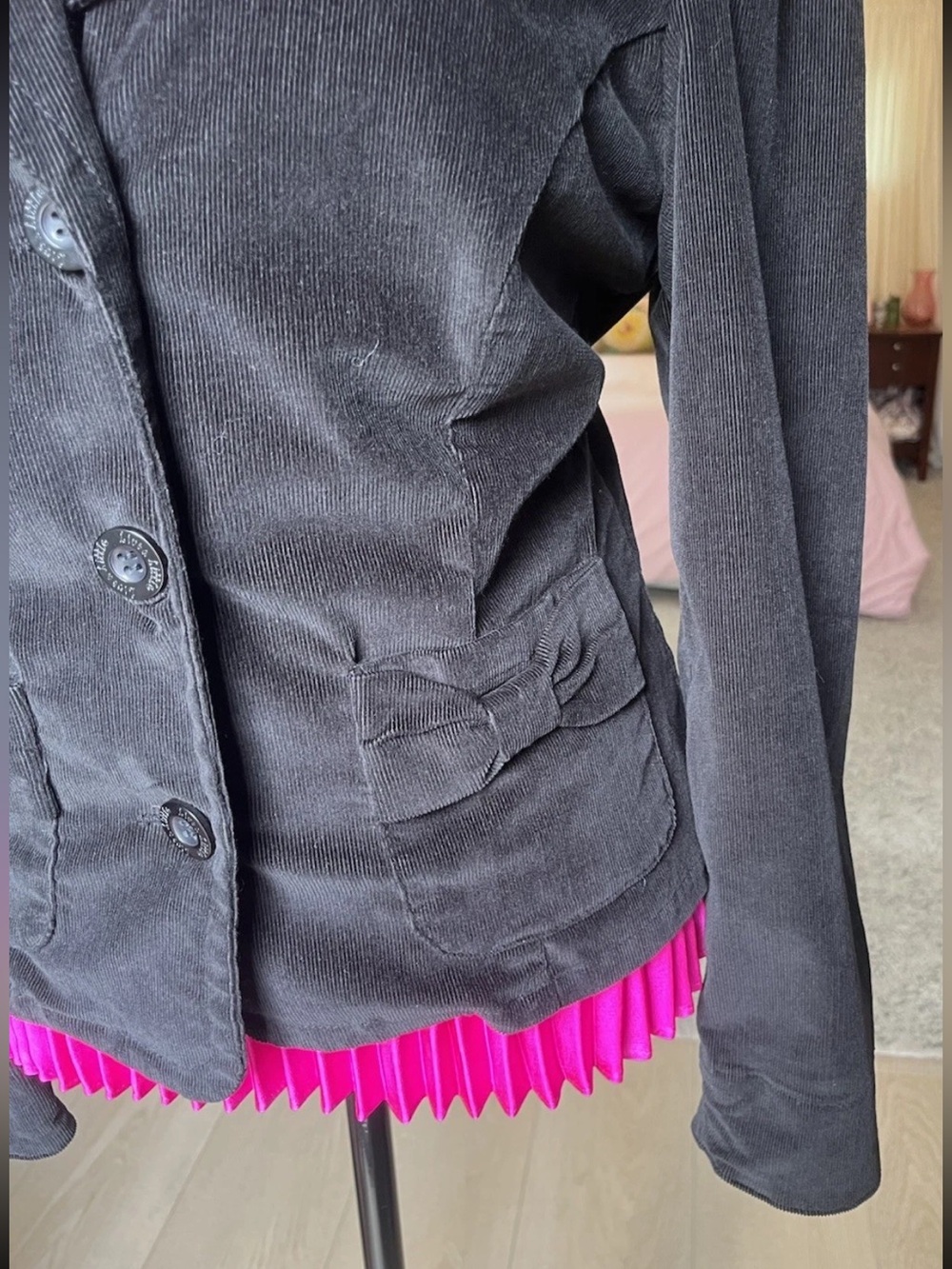 Live A little Black Corduroy Jacket Women Medium Y2K Button Up π Pockets Gilmore - Picture 3 of 12